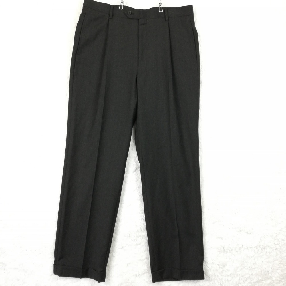 Axcess Mens Pants Trouser Worsted Wool Black Pleated Cuffed 36x32